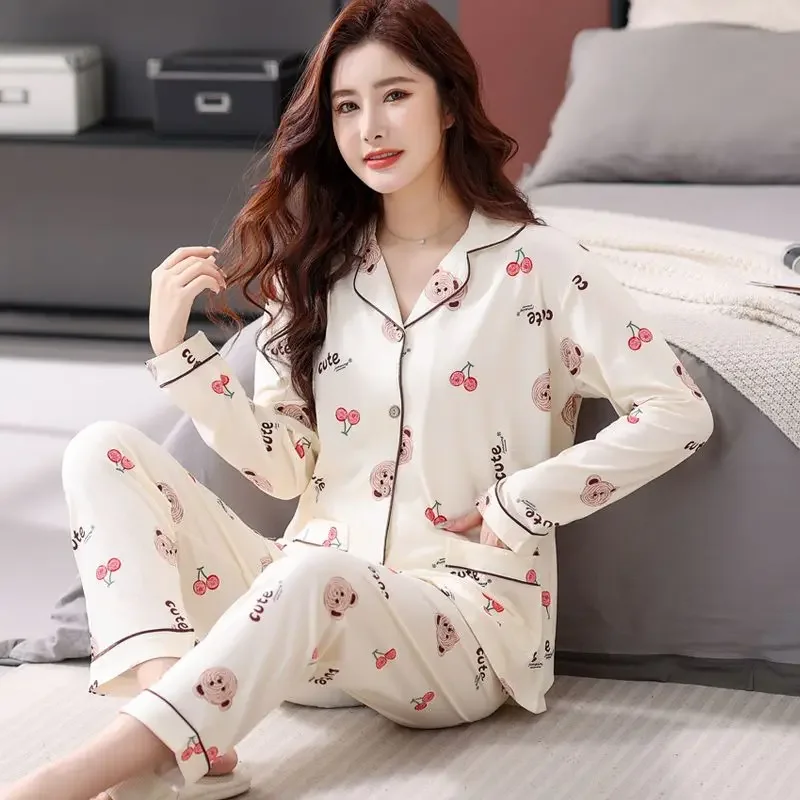 S-8XL Women's High-End Pajamas Long Sleeve Large Size Cartoon Sweet Sleepwear Set Spring Autumn New Female Leisure Homewear Suit