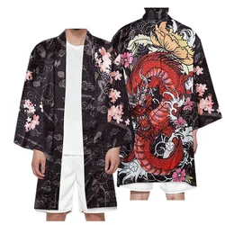 2024 Men's Japanese Long Kimono Cardigan Men's Samurai Costume Kimono Dragon Robe Kimono Shirt Yukata Outer Cover Tops