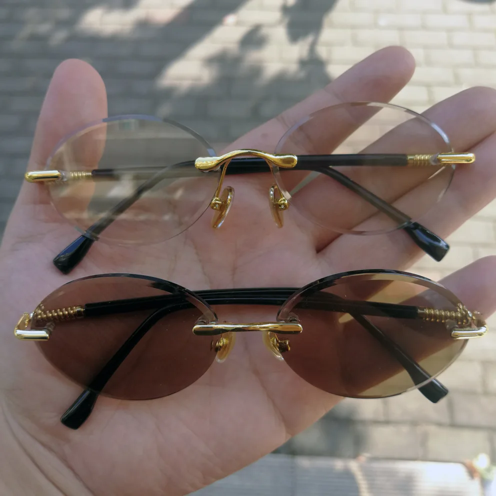 Luxury Rimless Glass Sunglasses Male Brown Crystal Stone Lens Glasses Small Oval Vintage Sun Glasses for Men Women Top Quality