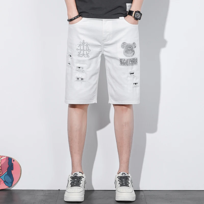 

Summer Thin European Sle Rhinestone Hole White Jeans orts Men's Five-Quarter Pants Slim Straight Elastic Casual Mid-Pants