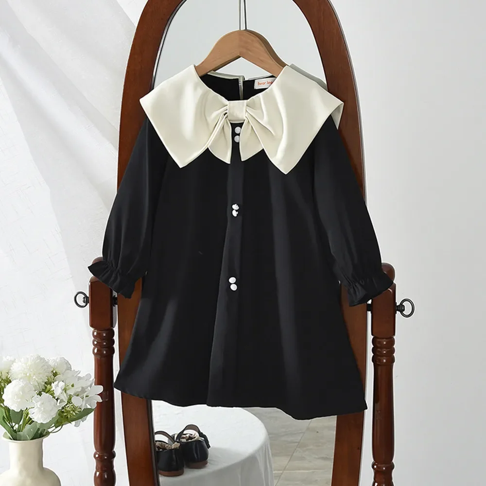Korean Version Fashion Big Bow Lapel Black and White Long Sleeved Casual Dress for Girls 3-7 Birthday Party Autumn New
