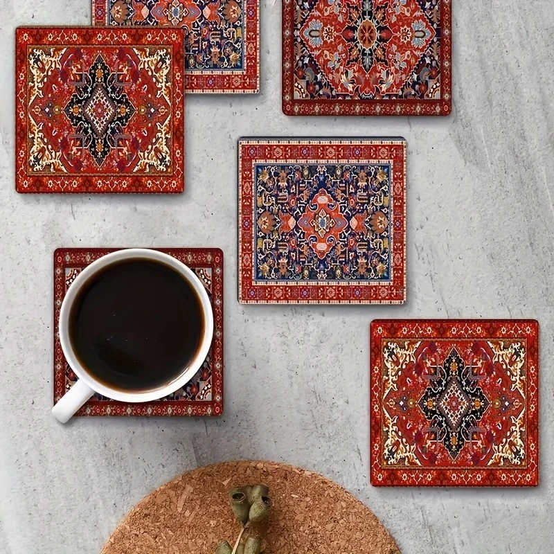 6 Pieces 2D Wooden Coasters Red Brown Square Mandala Pattern Theme Desktop Heat Mats Home Decor Coffee Cup Coasters Office