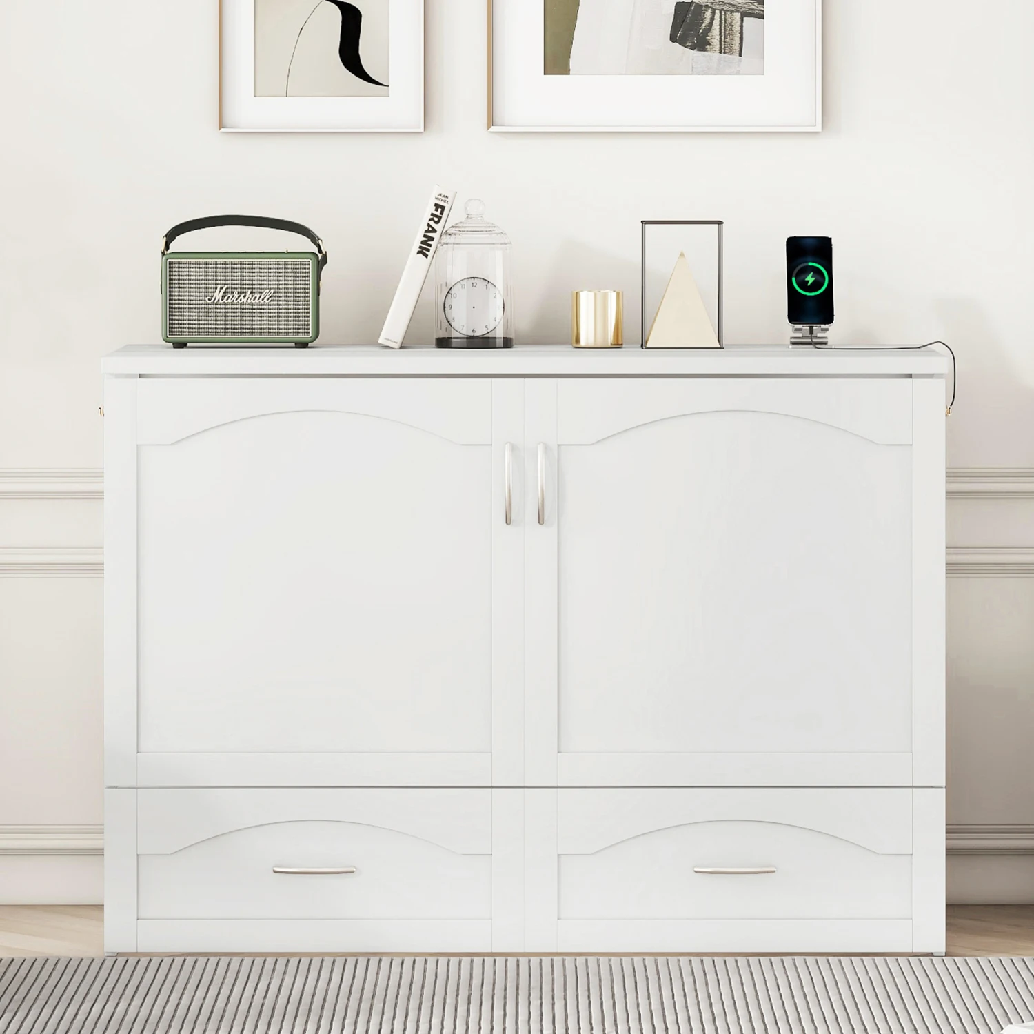 

Full Size Murphy Bed Wall Bed with Drawer, Sockets & USB Ports, Pulley Structure Design, White