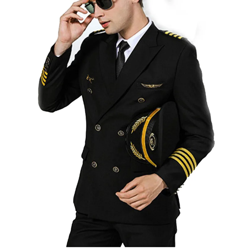 Men\'s 4 Lines Airline Pilot Suit Jackets Uniforms Hair Stylist Black Navy Blue Suit Coat Workwear Big Size Male