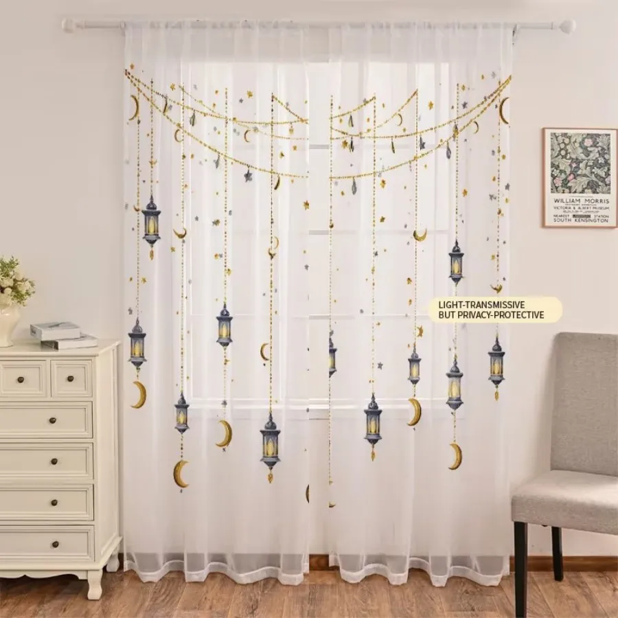 2PCS Digital Print Sheer Curtains, Star Moon Chandelier, Celestial Night Sky Elegant for Bedroom Living Room Home Decor