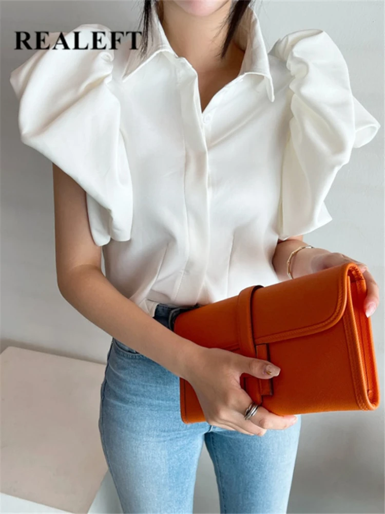 

REALEFT Bubble Sleeve Women's Blouse 2023 New Spring Summer Solid Color Blouse Tops Casual Sleeveless Ladies Shirts Female