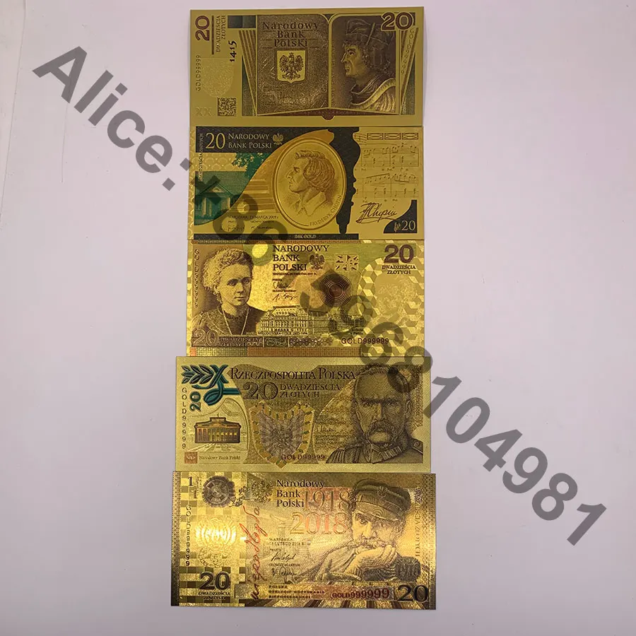 

100 pcs More Colored Gold Foil Polish Banknote 20 PLN for Partriotism Poland Crafts Collection