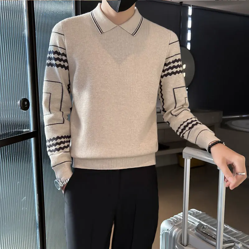 Winter Men's Turn-down Collar Sweater 2023 Autumn New Fashion Striped Long Sleeved Pullover Wave Cut Bottom Knitted Casual Tops