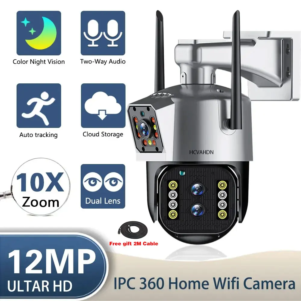 4K 12MP WiFi PTZ Camera 10X Zoom Three Lens Dual Screen Security Camera Outdoor AI Tracking CCTV Video Surveillance IP Cameras