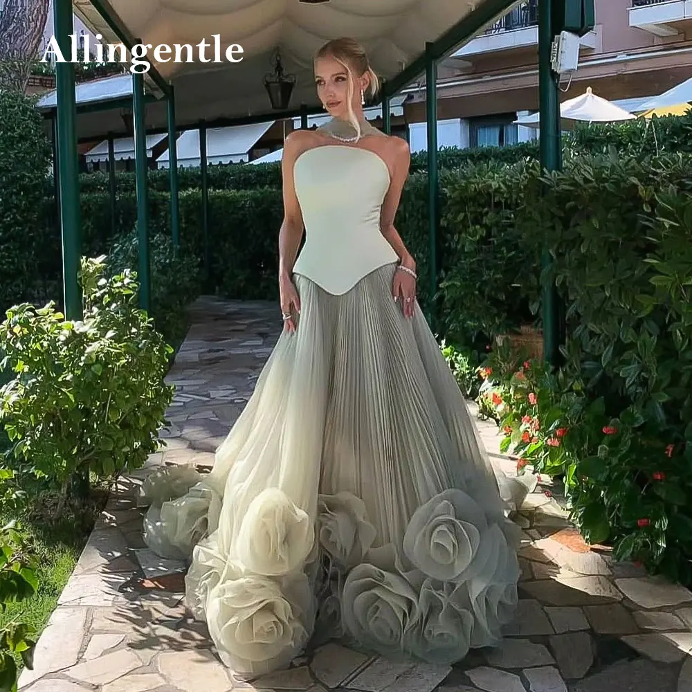 

Gorgeous Strapless Green Evening Dress with 3D Flowers Ribbons Elegant Women Wedding Party Dress for Special Events Customized
