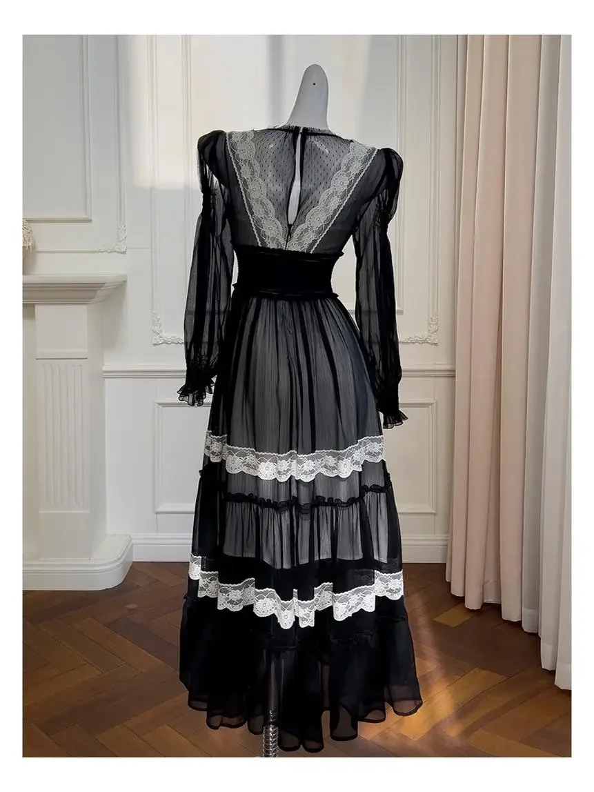 Robe de soirée longue en mousseline de soie à col rond pour femme, robe trapèze taille haute, dentelle socialite, manches lanterne, grand ourlet, français, élégant, rétro, printemps