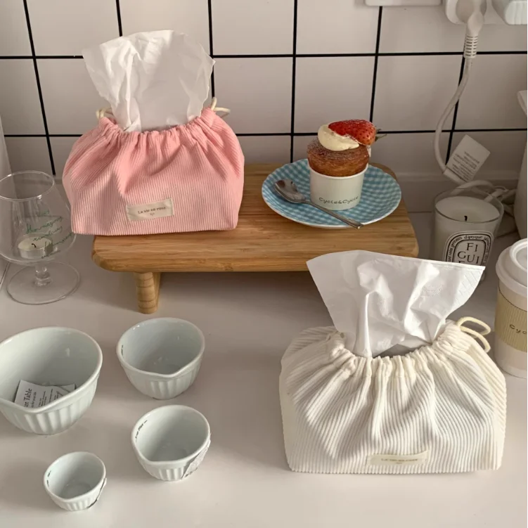 Nordic Style Hanging Corduroy Paper Napkin Boxes Solid Color Issue Bag Thread Napkin Holder Tissue Bag Storage Napkins
