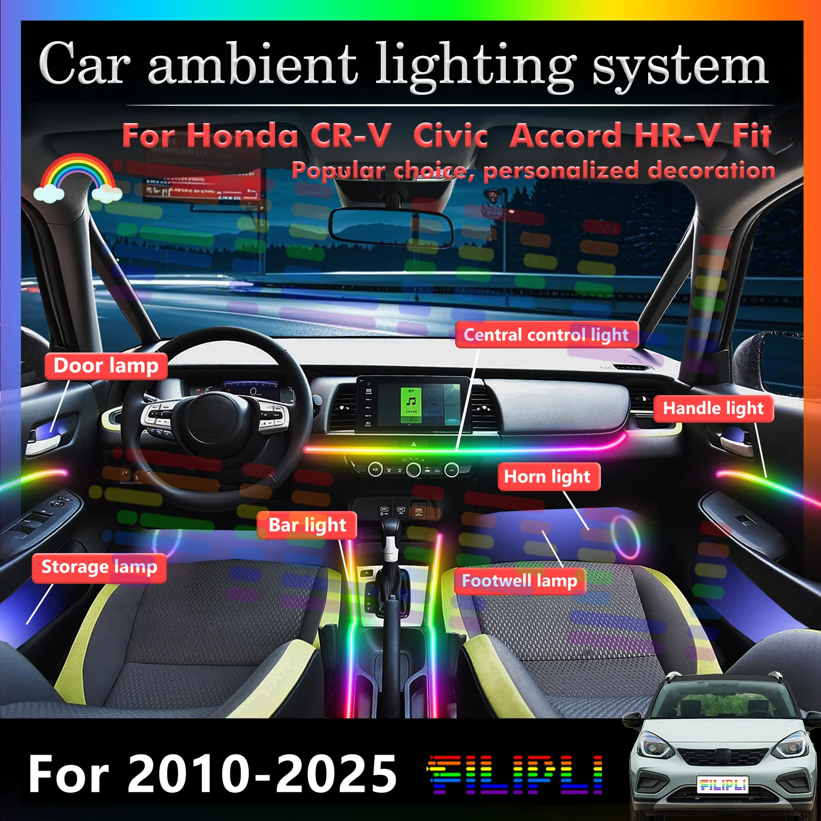 

For Honda CR-V Civic Accord HR-V Fit Auto LED Ambient Lights with Voice Control, Wireless Charging, Hidden Installation 12V