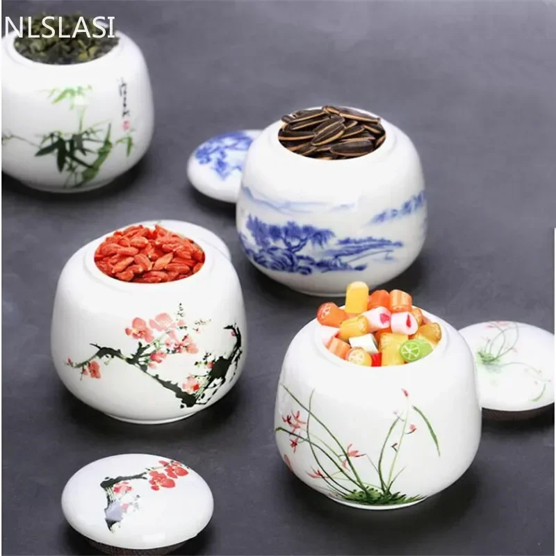 1pcs White Porcelain Tea Storage Small Tea Jar Tea Box Portable Sealed Canister Storage Tank Ceramic Tea Caddy Tea Container