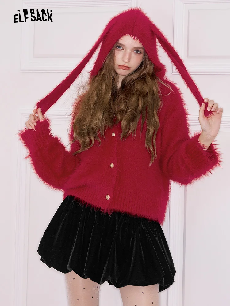 

Good Things Come Rabbit Knitted Cardigan Women's Winter New Year's Red Top Imitation Mink Knitted Open Cardigan Casual Sle ...