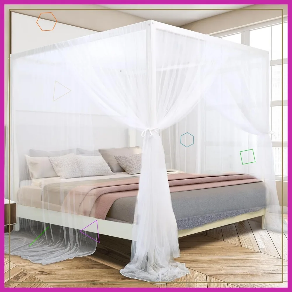 White Bed Canopy Curtains for Queen/King Beds, 4 Openings, Ripstop Polyester, Easy Installation