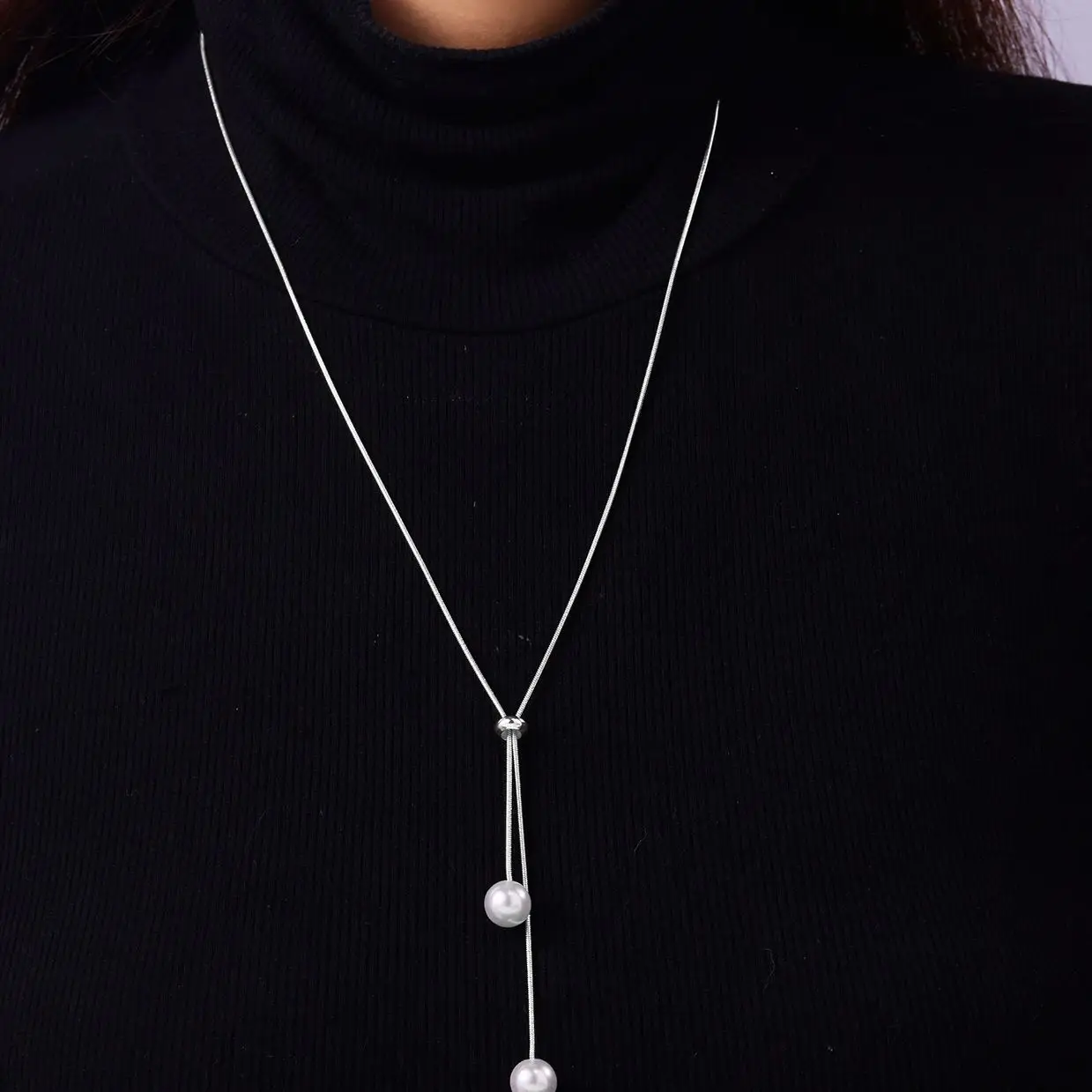 אופנה צבע כסף פשוט שרשרת פנינים לנשים tassel ארוך למשוך עיצוב שרשרות שרשרת בגדים אביזרים