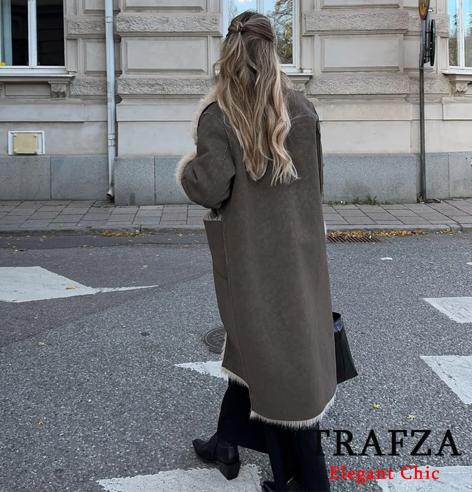 TRAFZAผู้หญิงฤดูใบไม้ร่วงฤดูหนาวFaux Fur Long Coat Vintage Shaggy Reversibleสวมใส่ยาวเสื้อใหม่ 2024 แฟชั่นRetro Street Long Coat