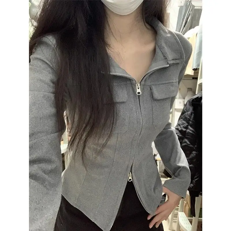 

Women T-shirt Spring Autumn Clothes Ribbed Knitted Long Sleeve Short Tops Zipper Design Tee Sexy Female Slim Tops Camisetas