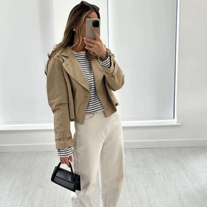 

New Autumn Women Solid Cropped Trench Coat Vintage Double Breasted Long Sleeve Short Jacket Lapel Collar Windbreaker