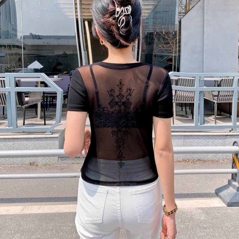 

Ladies Fashion Sexy Backless See Through Mesh Splicing Graphic T Shirts for Women Clothes Female Girls Kawaii Vintage Y2k Top