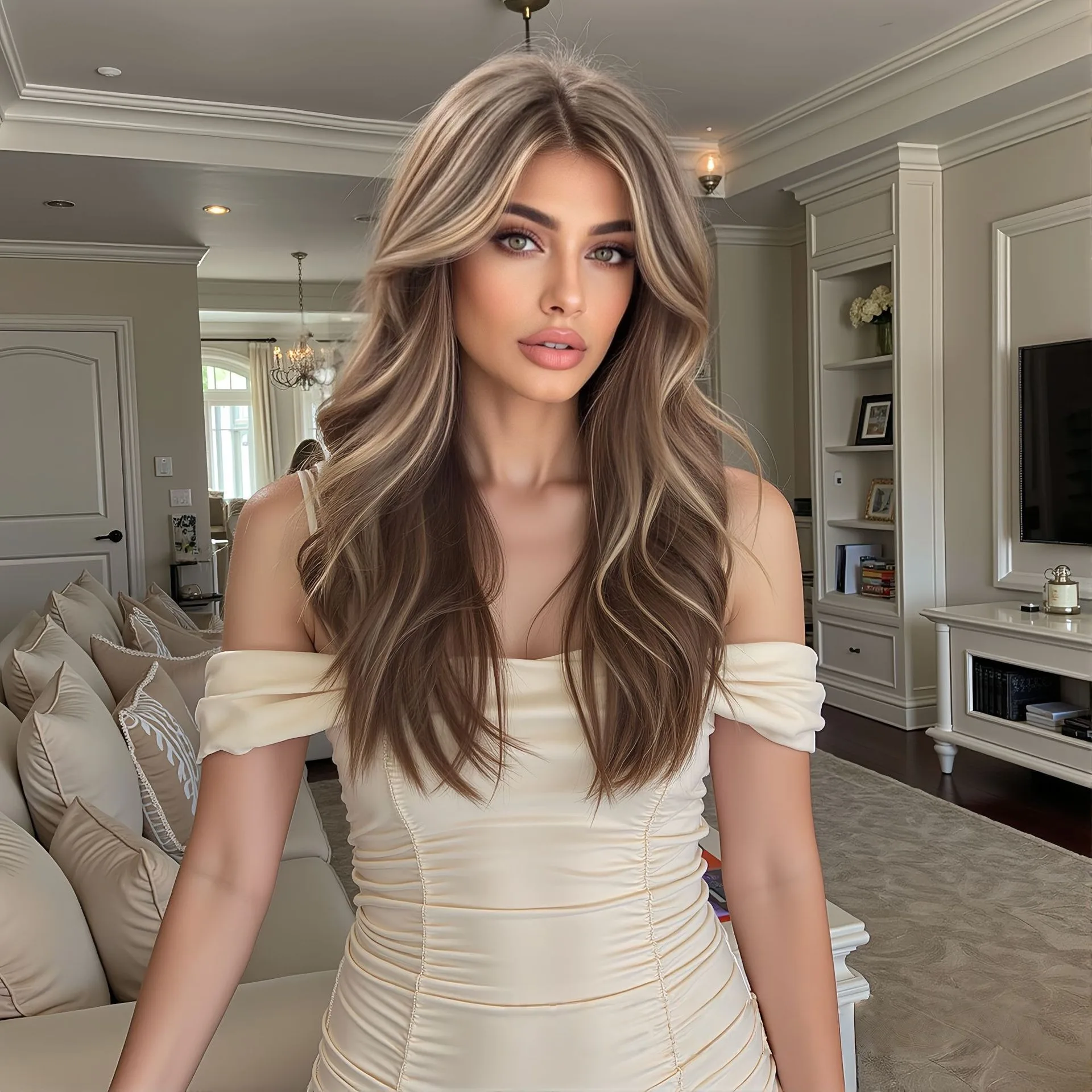 Brown Blonde Highlight Long Wavy Layered Synthetic Wig Middle Part Women Natural Daily Party Cosplay Costume Hairpiece
