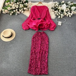 Women Pleated Two Pieces Sets Sequin puff sleeve Long Sleeve Top Elegant High Waitst A-line Skirt French Fashion Autumn Sets