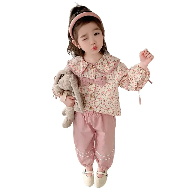 

Children's clothing Sets for children kids clothes girl Autumn Fashionable and Western style children's floral bow two-piece set