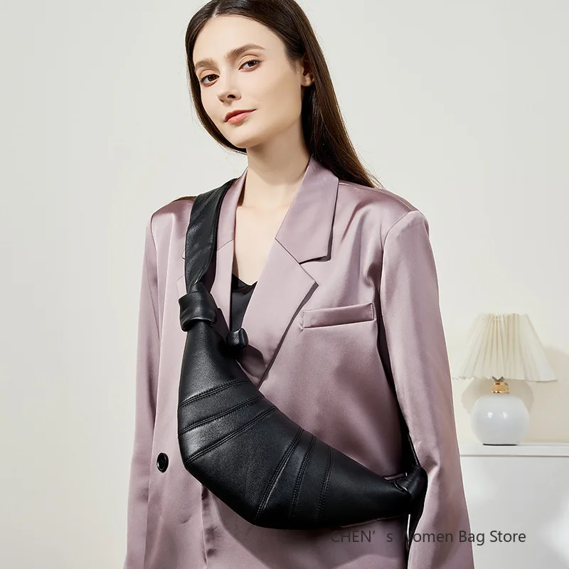 حقيبة يد نسائية من جلد الخراف الأصلي حقيبة كرواسون عصرية متعددة الاستخدامات باللون الأسود الناعم حقائب كتف على الصدر عبر الجسم #4