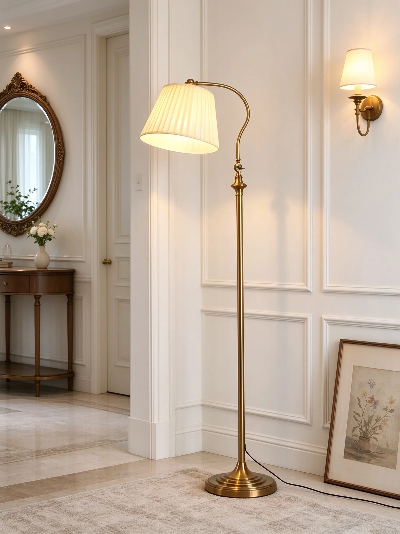 Vintage Brass Curved Arm Floor Lamp Pleated Fabric Shade E27 90-260V Wide Voltage 156cm Standing Lamp for Living Room Bedroom