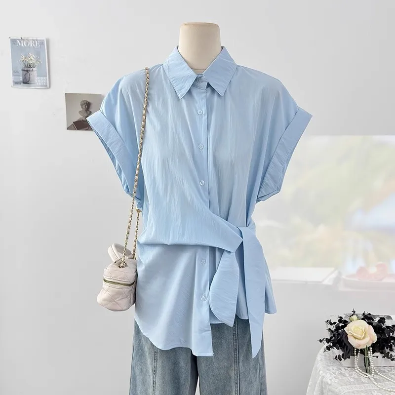 

Slimming Effect Irregular Belted ort Sve irt Women's Summer 2025 Design Loose Top Korean Sle Polyester Blend