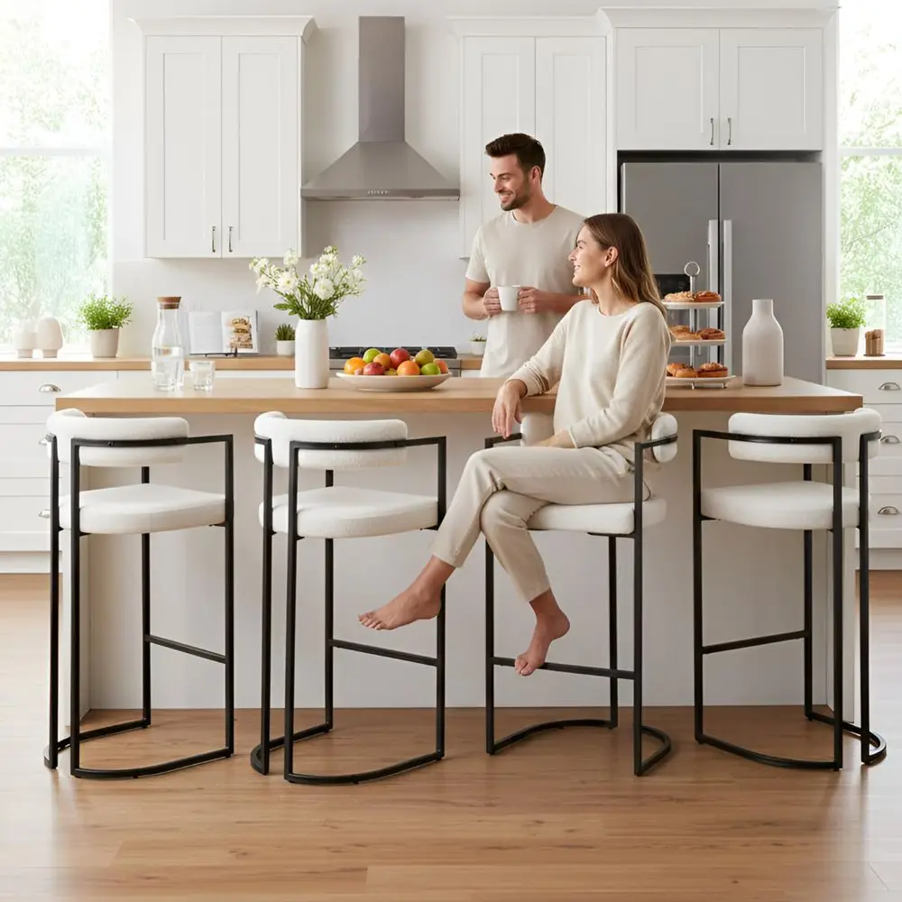 

Stools Set of 4, 30 Inch Modern Counter Height Bar Stools with Ergonomic Back, Sherpa Upholstered Barrel Barstools with Metal L
