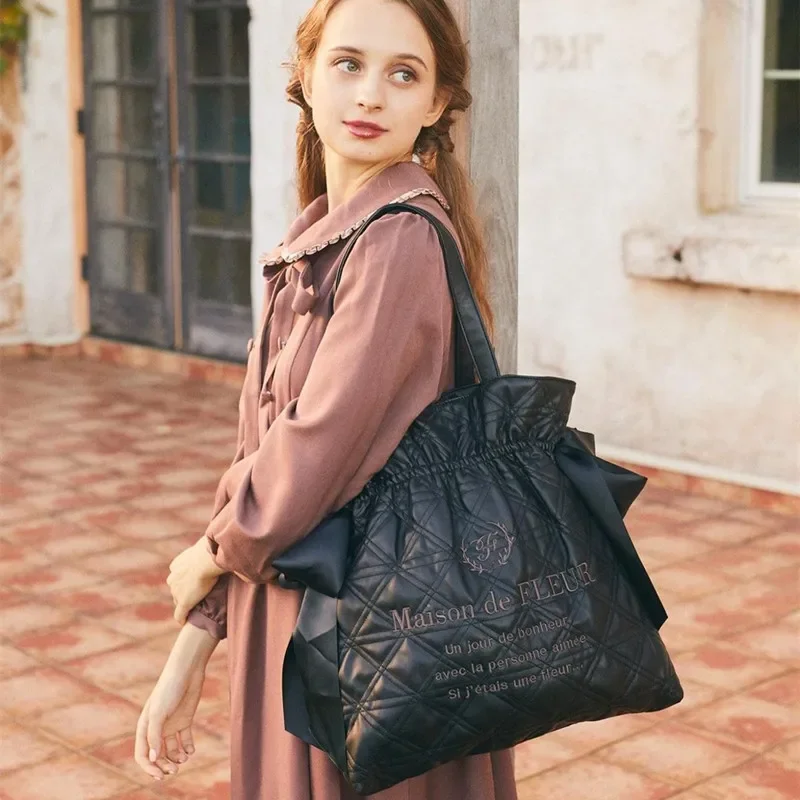 Japanese Style New Rhombus PU Leather Shoulder Bag Crossbody Bags Women's Large Capacity Lace-up Satin Bow Round Cake Tote Bag