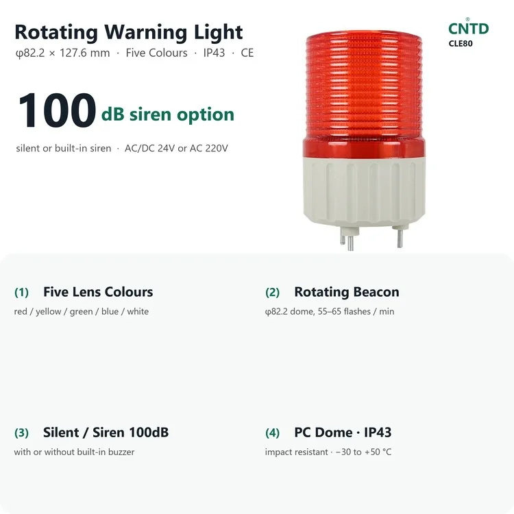 CNTD CLE80 Single-Layer Rotating Warning Light 5 Colours 100dB Beacon AC/DC 24V AC 220V IP43 Signal Lamp 80mm