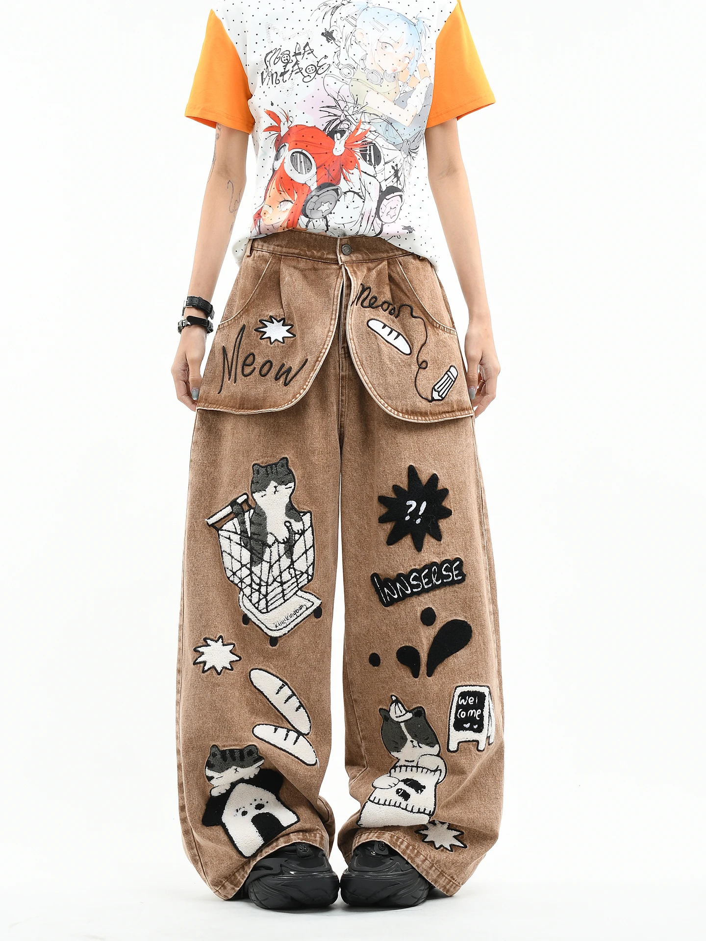 

OV Original Cartoon Flocking Embroidery Washed Denim Pants Loose Wide Leg Retro Distressed Long Trousers Unisex