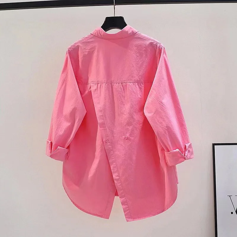 New Pink Long Sleeve Women's Shirt Spring Design Back Slit Loose Versatile Top Commute Style Polyester Fiber Non-Iron Treatment