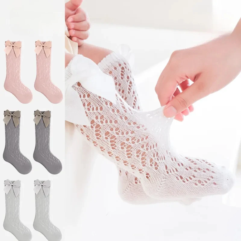 Dünne Socken für Kleinkinder für Frühling und Sommer, kniehohe Socken für Babys, Mädchen, Kleinkinder, lange Strümpfe mit Schleife und Netzstoff