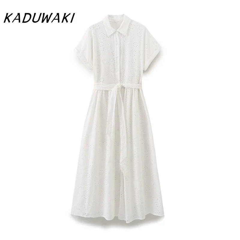 KADUWAKI Japanese Retro Lapel Short-sleeved Hollowed Out Embroidered Maxi Vestidos Fashion Waisted Lace-up Peplum Beach Dresses