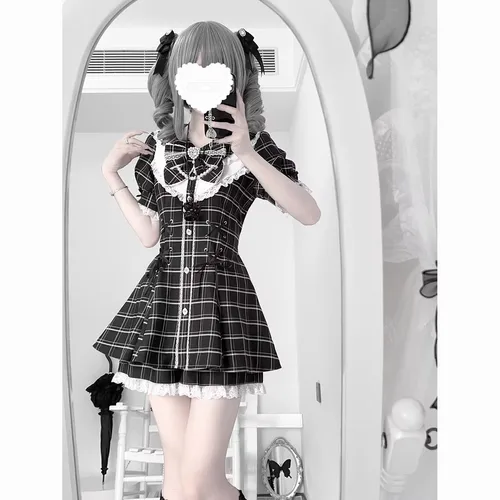 Imagen 1 del producto Conjuntos de falda de manga corta Kawaii para mujer Y2k, vestido nuevo ajustado estético de cintura alta, traje gris a cuadros, estilo universitario elegante, trajes de 2 piezas