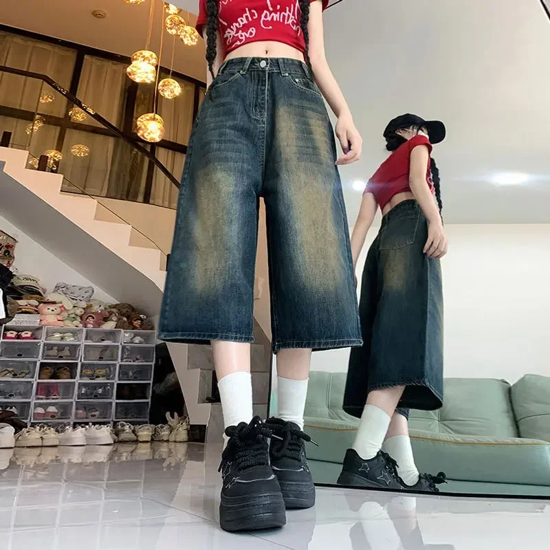 

Pop Retro High Waist Wide Leg Seven-Foot Denim Jeans Women's Summer Plus Size Loose Straight Cut Versatile Mid-Length Trousers