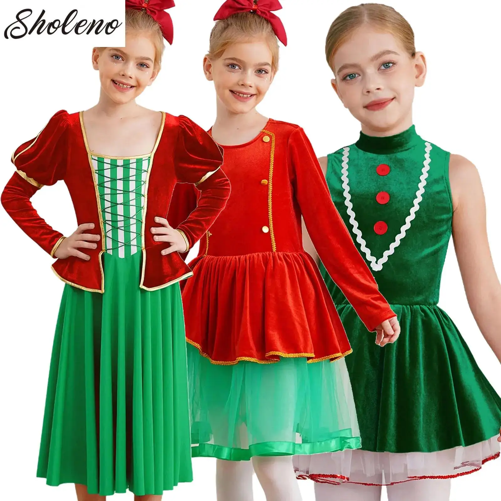 

Girls Christmas Candy Cane Santa Claus Costumes Long Sleeve Velvet Ballet Dance Leotard Tutu Dress Figure Ice Skating Dancewear