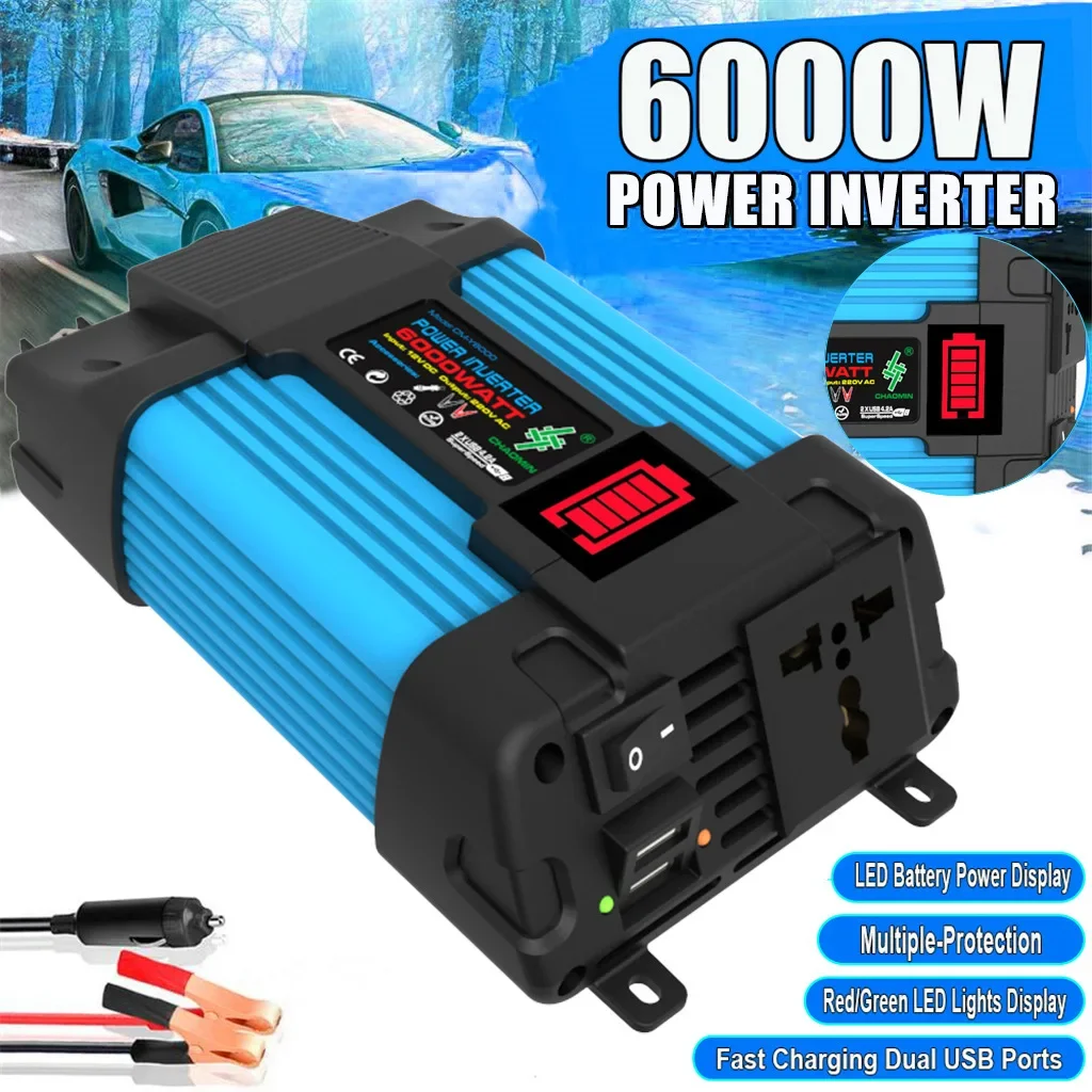 6000W Peak Car Inverter Conver LED Voltage Capacity Display Transformer Converter 12V220V/110V Dual USB Inverter Car Appliances