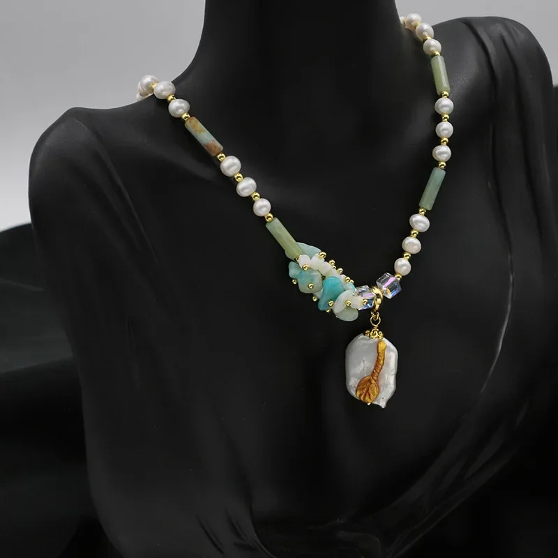 

Baroque Pearl Necklace Natural Stone Square Pendant Long Necklace Women's Freshwater Choker Short Sweater Chain Design Sense