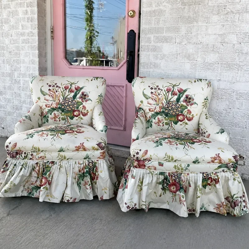 Retro Solid Wood Sofa Chair Small Apartment Bedroom Bedside Leisure Chair Printed Fabric Single Chair for Living Room