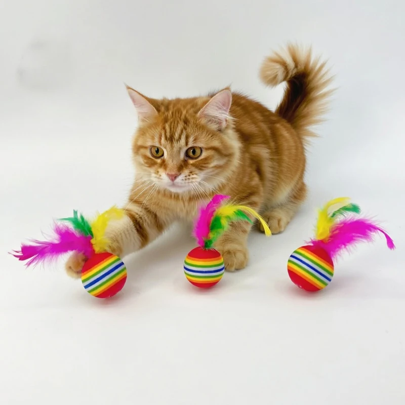 

Cat Supplies Wholesale Cat Toys Funny Rainbow Train Ball Colorful Cat Chew Toy with Feather Cat Accessories Toys for Cats