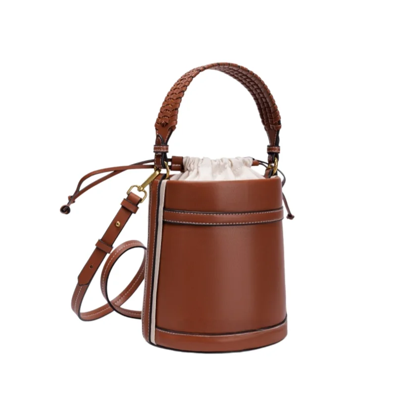 

Fashion Bucket Bag Drawstring Handbag Women Stitching Shoulder Crossbody Bag Casual PU Leather Round Barrel Shape Tote Bag