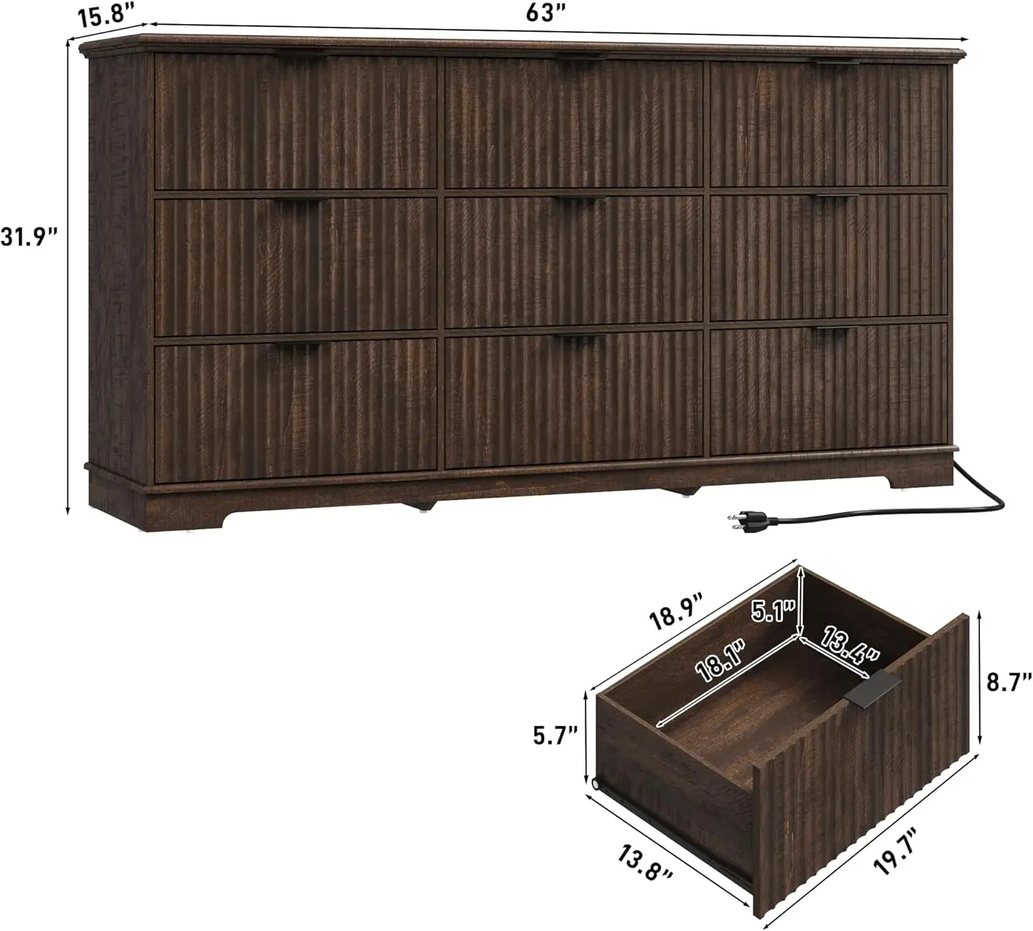 Upgraded Brown Wood 9 Drawer Dresser with Power Outlet and Deep Drawers for Bedroom and Living Room, Wide Chest for Storage