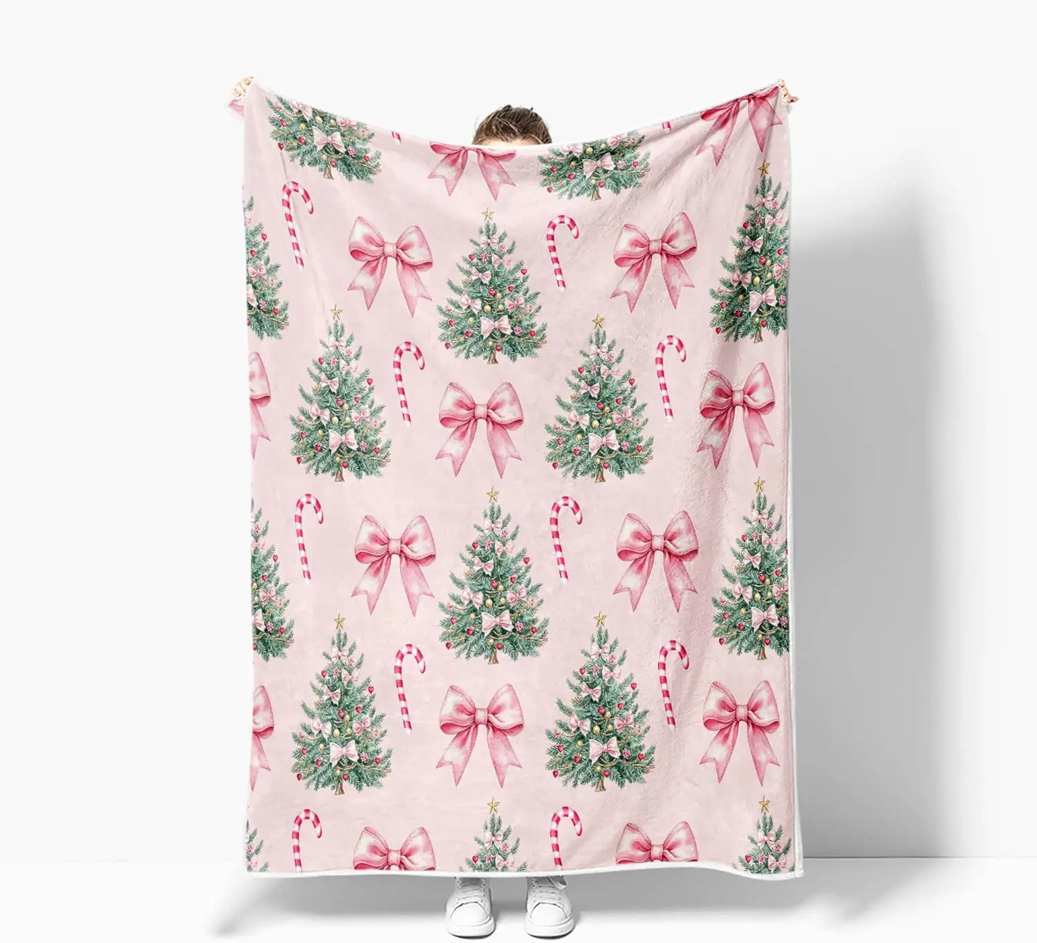 Whimsical Pink Christmas Throw Blanket, Christmas Trees Playful Candy Canes Flouncy Bows Soft Warm Cozy Plush Comfy Blanket for