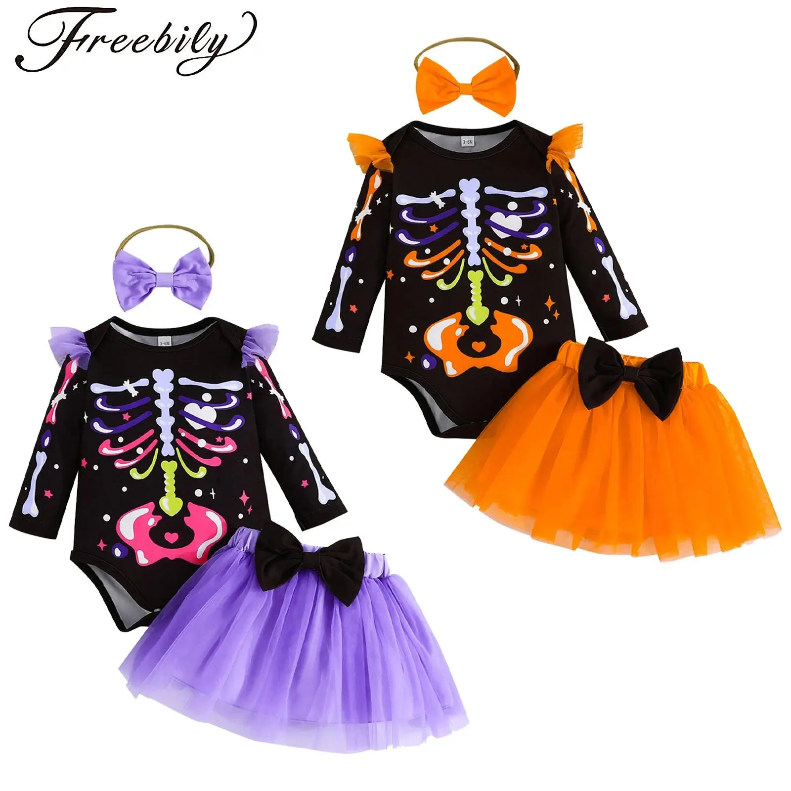 

Newborn Girl Skull Print Costume Long Sleeve Leotard Romper with Ruffle Mesh Tutu Skirt And Bow Headband Halloween Party Outfits