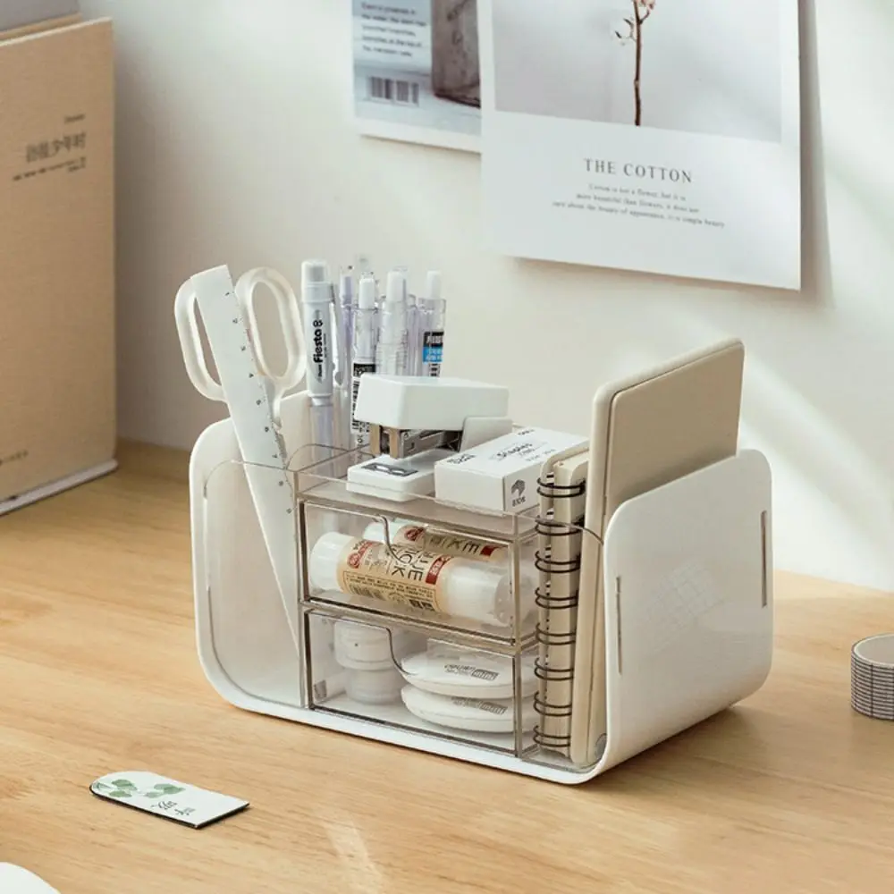 Durável multi grade caixa de armazenamento de papelaria grande capacidade gaveta caneta recipiente à prova de poeira hips + ps maquiagem escova titular escritório